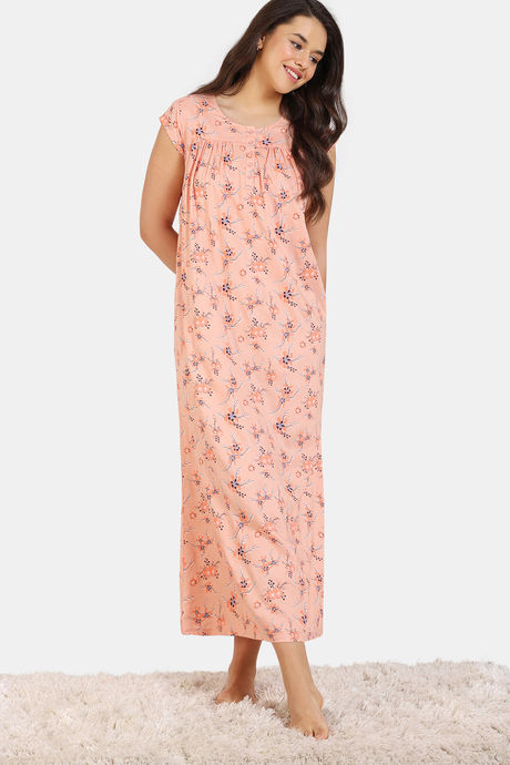 Zivame Pretty Florals Woven Full Length Nightdress - Peach Parfait — image 2
